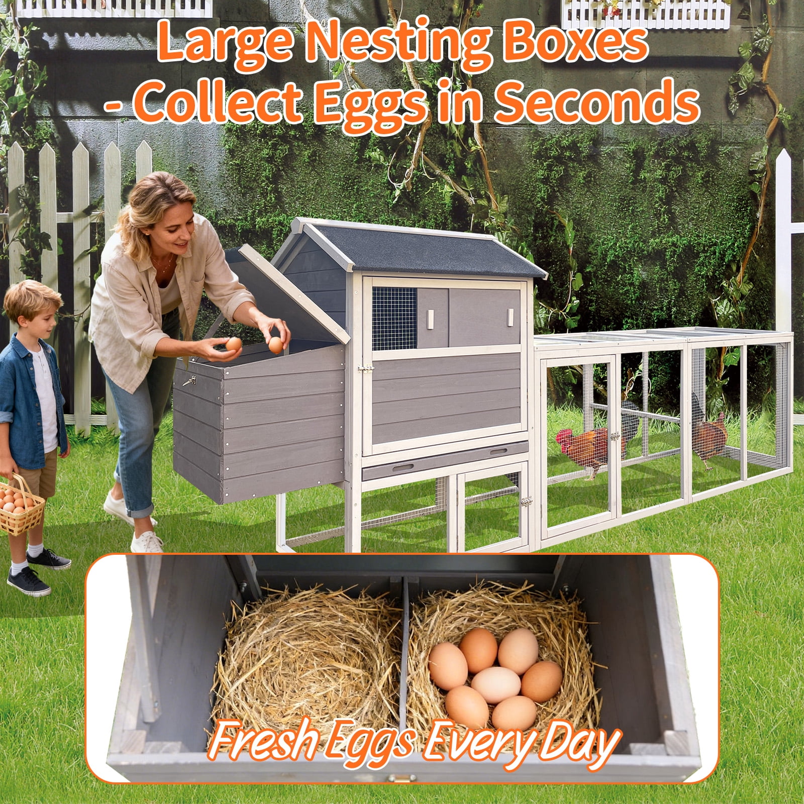 Gray Wooden Chicken Coop, Large Outdoor Hen House with Run and Nesting Box Poultry Cage, Rabbit Hutch, Waterproof Anti-UV Panel for Backyard