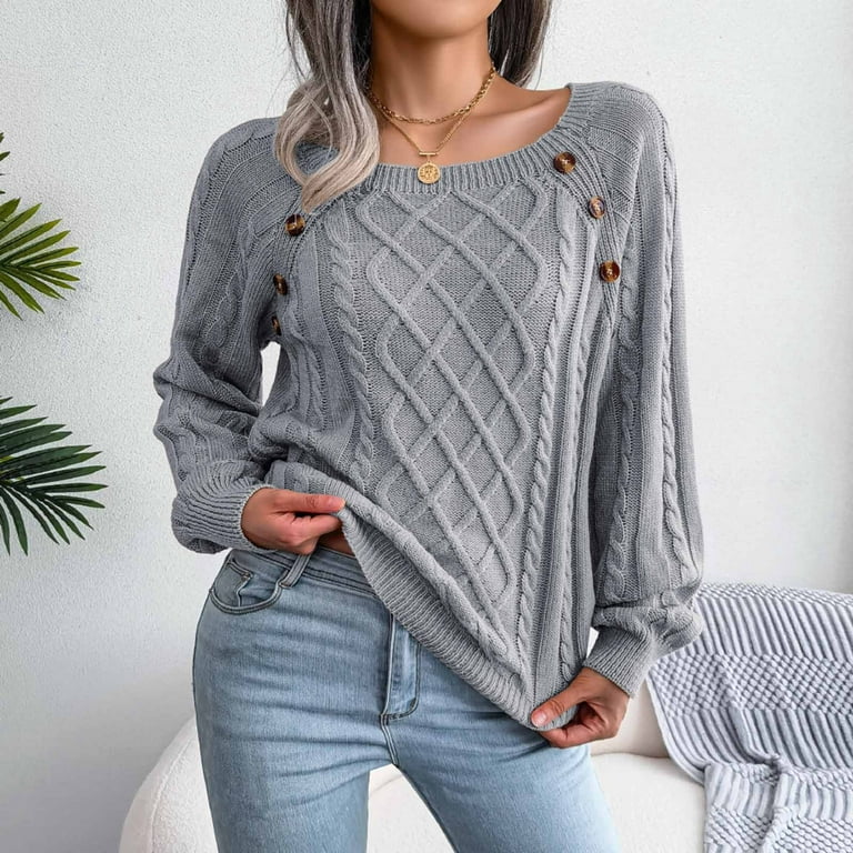 ZQGJB Casual Cable Knit Sweater for Women Fall Crewneck Long Sleeve Solid  Color Pullover Knitwear Relaxed Fitted Cute Button Decor Lightweight Jumper  Top Gray S