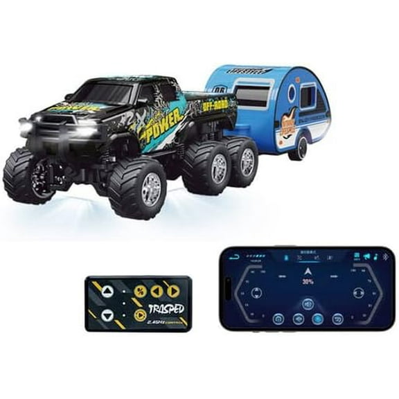 1:64 Scale Alloy RC Monster Truck with Trailer - 2.4GHz & APP Dual Control, 6-Wheel Off-Road Vehicle, Rechargeable Battery, LED Lights, Adjustable Speed/Steering (Black)