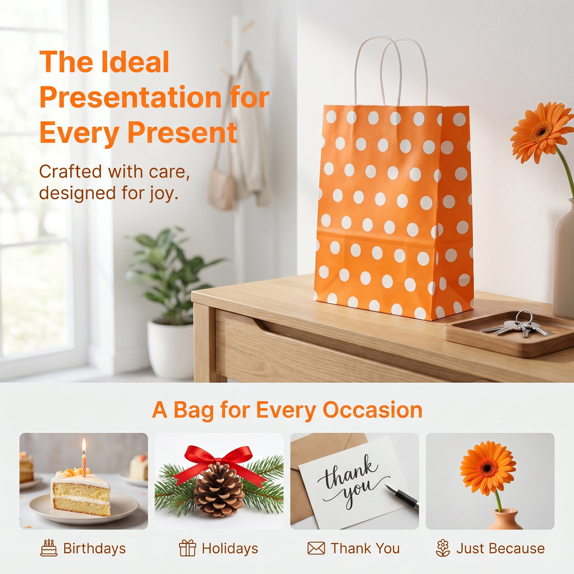 Unique Bargains 6Pcs Polka-dot Paper Gift Bag with Handles Orange 6.3" x 3.1" x 8.7"