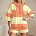 thumbnail image 2 of Women's Striped Shorts Suit V Neck Oversized Shirt and Shorts Casual Summer Activewear 2 Piece Set Yellow XL, 2 of 6