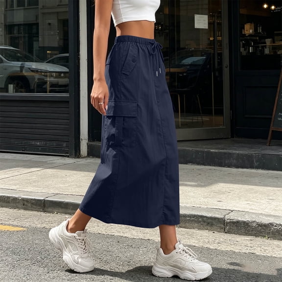 Costeam Womens Drawstring Elastic High Waist Midi Cargo Skirt Multi Square Patch Cargo Pockets Loose A Line Mid Calf Lightweight Soft Breathable Casual Utility Skirt