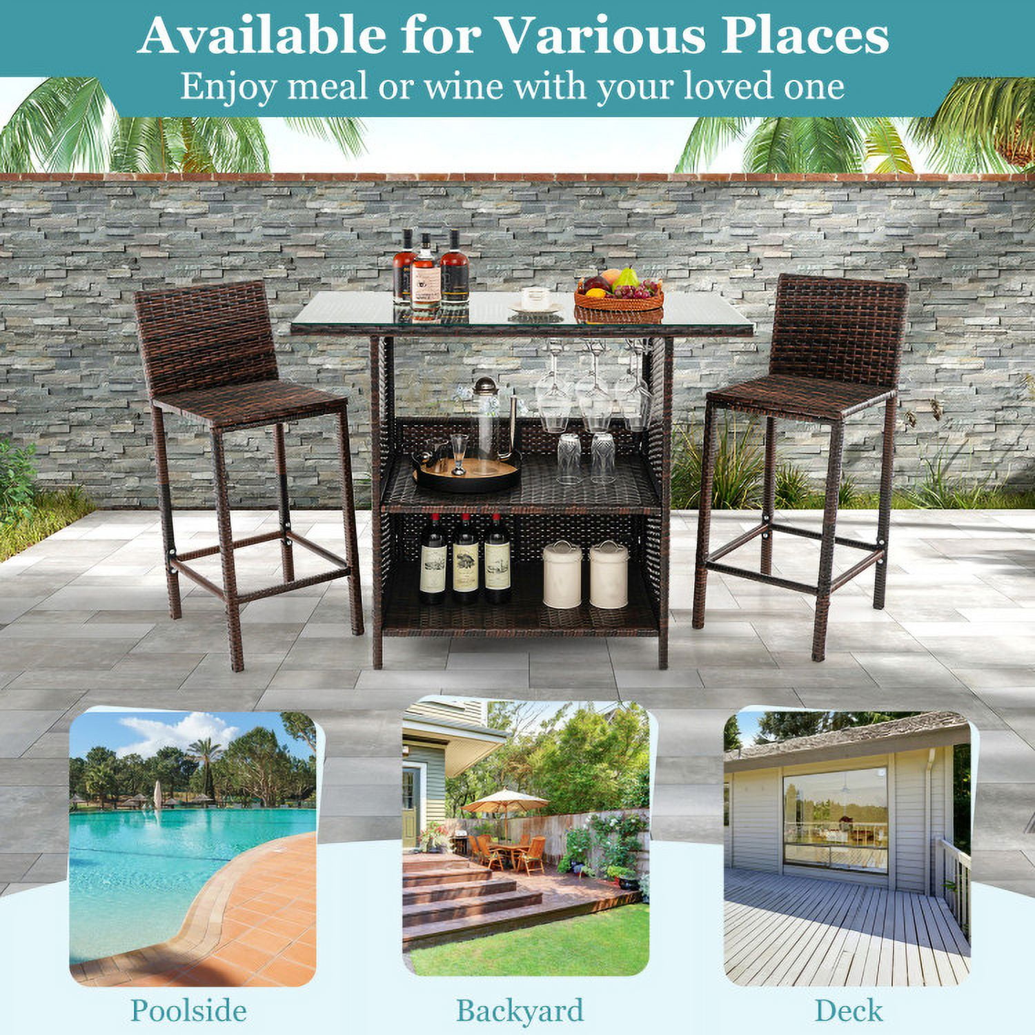 Aimee Lii 3 Pieces Outdoor Wicker Bar Set with 3 Rows Stemware Racks, Outdoor Patio Furniture