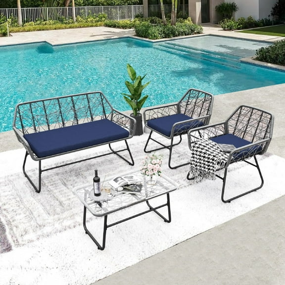 Tcbosik 4-Piece Outdoor Wicker Furniture Set, 28in Coffee Table with Tempered Glass Top, Bench & 2 Armchairs with Cushions, Conversation Bistro Set for Patio, Garden, Backyard, Poolside, Blue