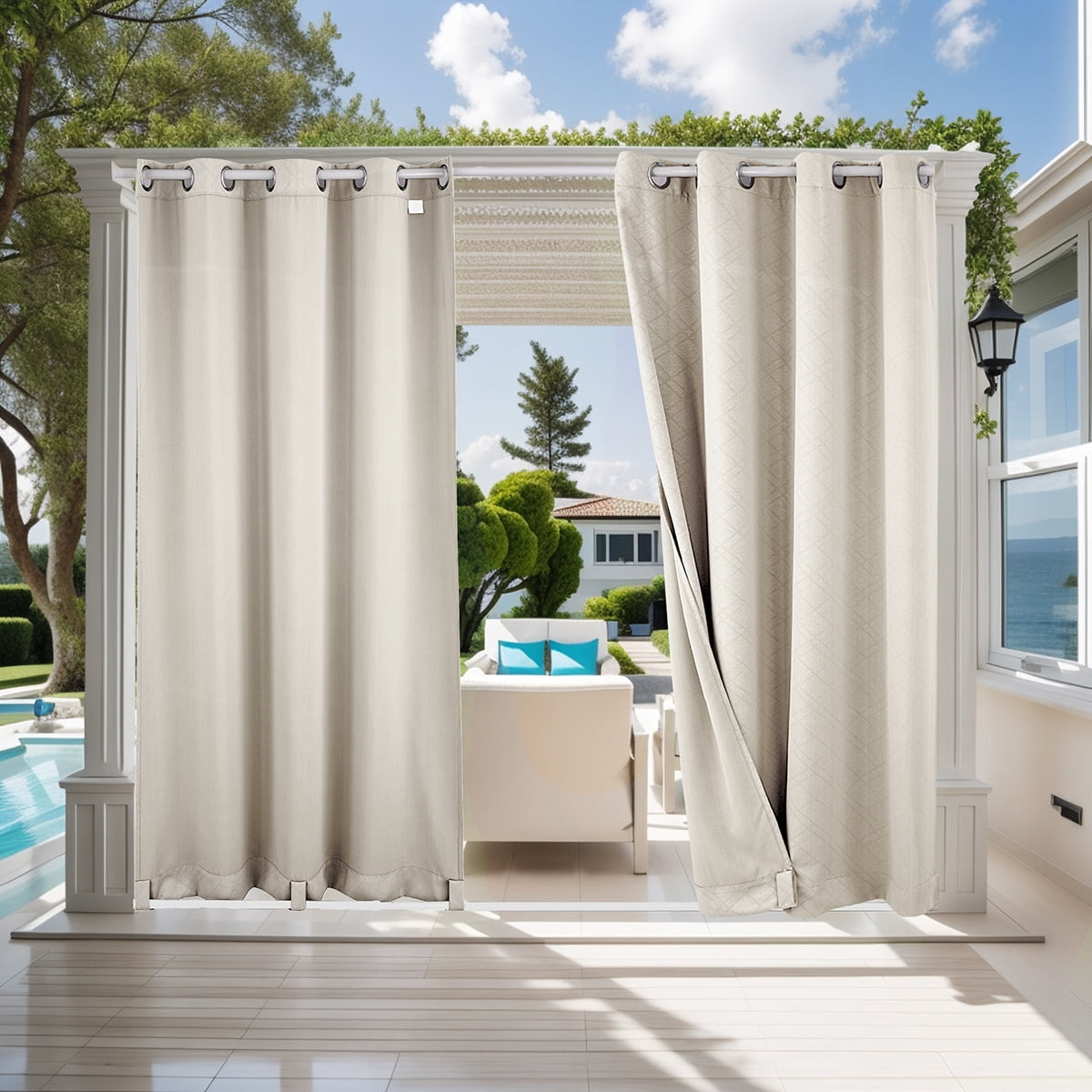 TOPCHANCES Outdoor Curtains Waterproof Windproof 3D Embossed Pattern Curtain for Patio, Porch, Pergola, Gazebo, Grommet Top and Tab Bottom Drape, 4 Panels, 52x84 inch, Creamy Beige
