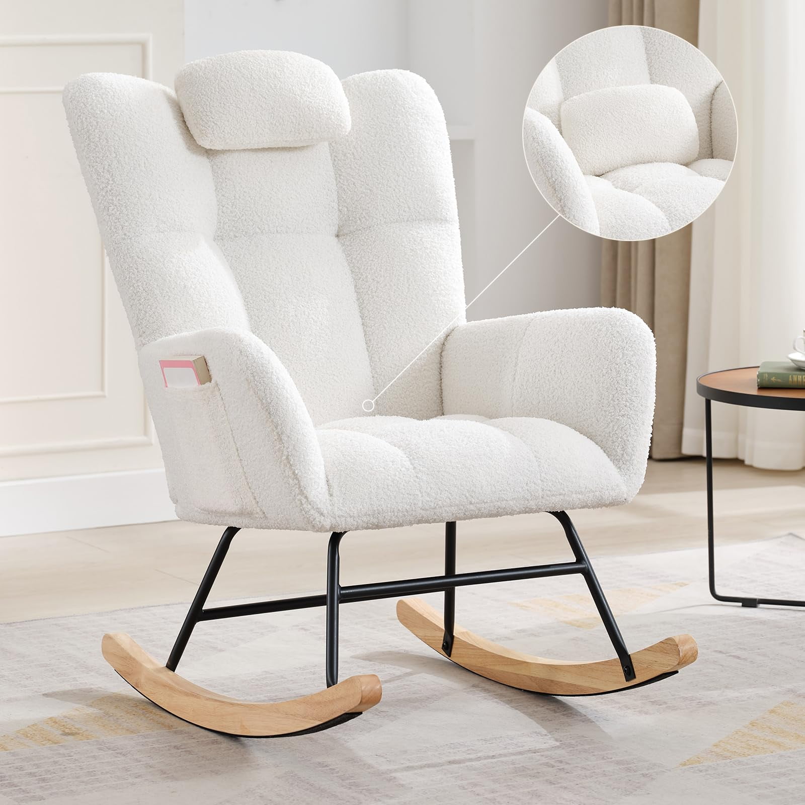 Kicctian High Back Upholstered Rocking Chair, Plush Headrest Armrest Accent Seat for Living Room Bedroom,Beige