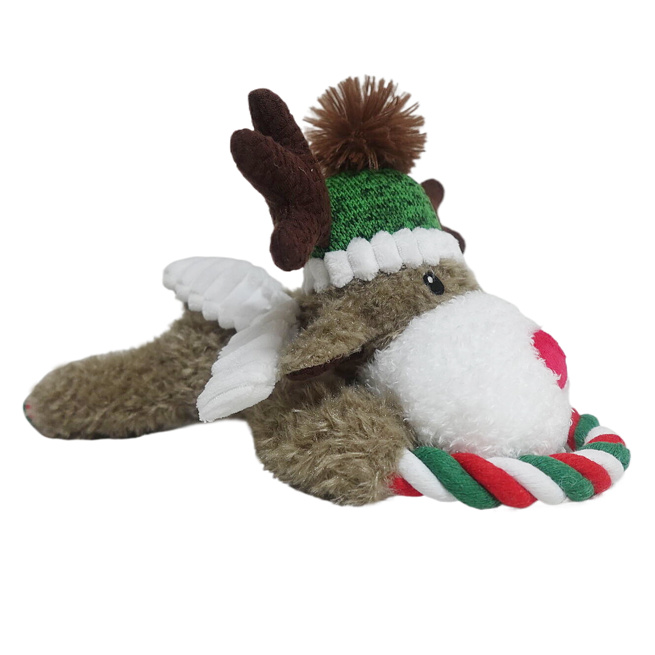 Vibrant Life Holiday Plush Dog Toy with Rope, Reindeer, Brown, Red, and Green, 11"