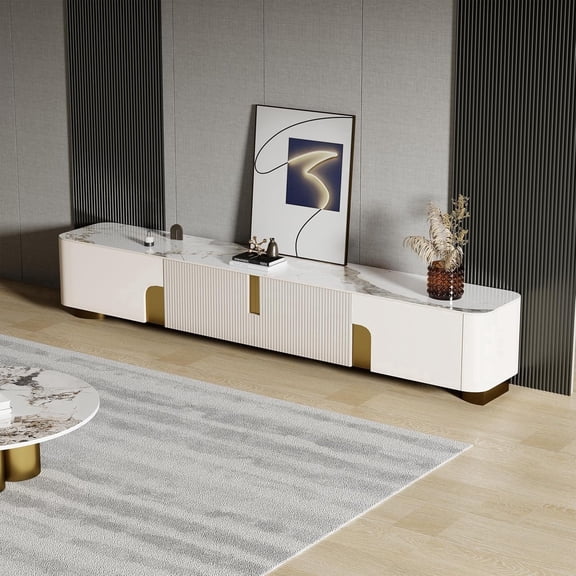 Modern TV Console with Storage, 79 Inch Sintered Stone TV Entertainment Center TV Stand for Living Room Bedroom, Wood Media Console for 65 Inch TVs with Metal Dual Bases