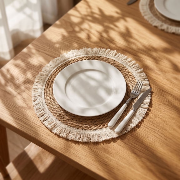 Woven Placemats, Heat Resistant Natural Seagrass Placemats with Fringed Edge, Round Handwoven Table Mats for Dining Table, Kitchen, and Farmhouse Decor