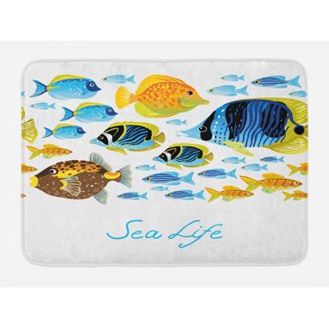 Fish Bath Mat, Vivid Underwater Wild Life with Freshwater Tropical Fish Creatures Sea Theme Artwork, Non-Slip Plush Mat Bathroom Kitchen Laundry Room Decor, 29.5 X 17.5 Inches, Multicolor, Ambesonne