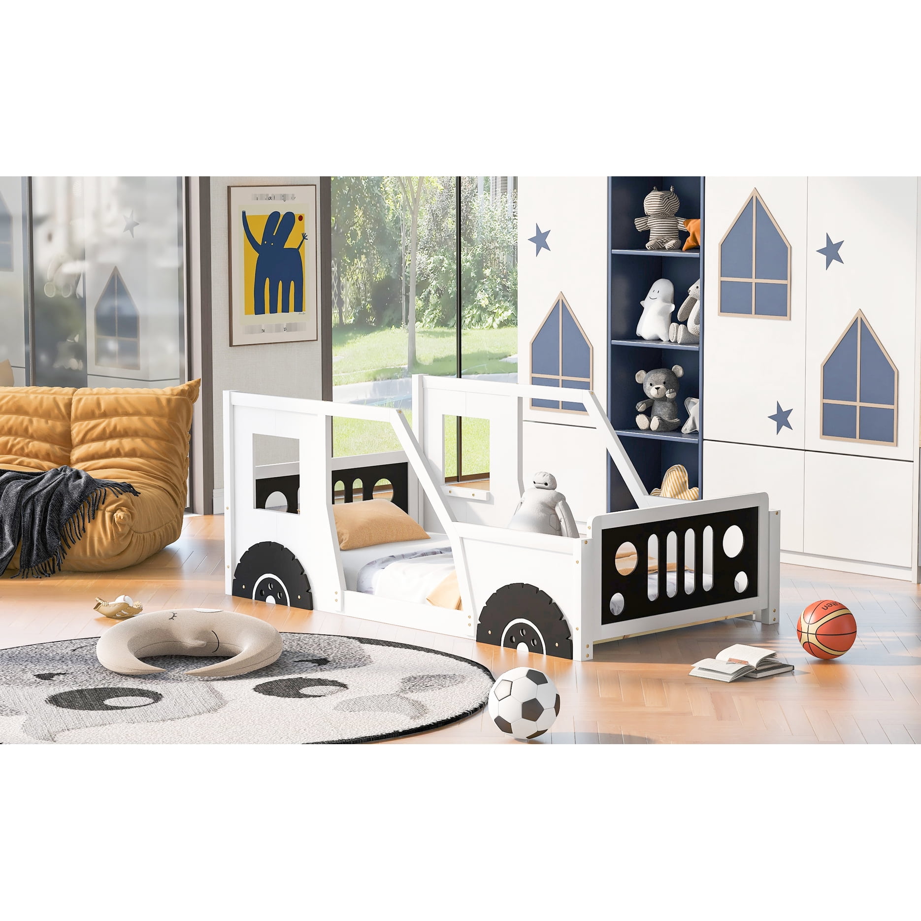 Twin Size Classic Car Bed With Wheels, White - Resilient Pine Wood And Frame For Bedroom Lure Platform Wheels Appeal