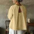 thumbnail image 2 of Lenpel Women's Tops 3/4 Length Sleeve Crew Neck Open Back Pleated T-Shirts Loose Tunic Blouses Trendy Casual Tees, 2 of 7