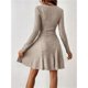 thumbnail image 4 of Vestido Corto de Punto Acanalado de Larga para Mujer, Otoño e Invierno, Cuello en V, Informal, Corte A Caqui M, 4 of 9