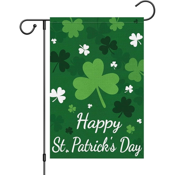 Happy St Patricks Day Garden Flag 12x18 Inch Double Sided Outside, Shamrocks Clovers Welcome Spring Holiday Yard Outdoor Flag