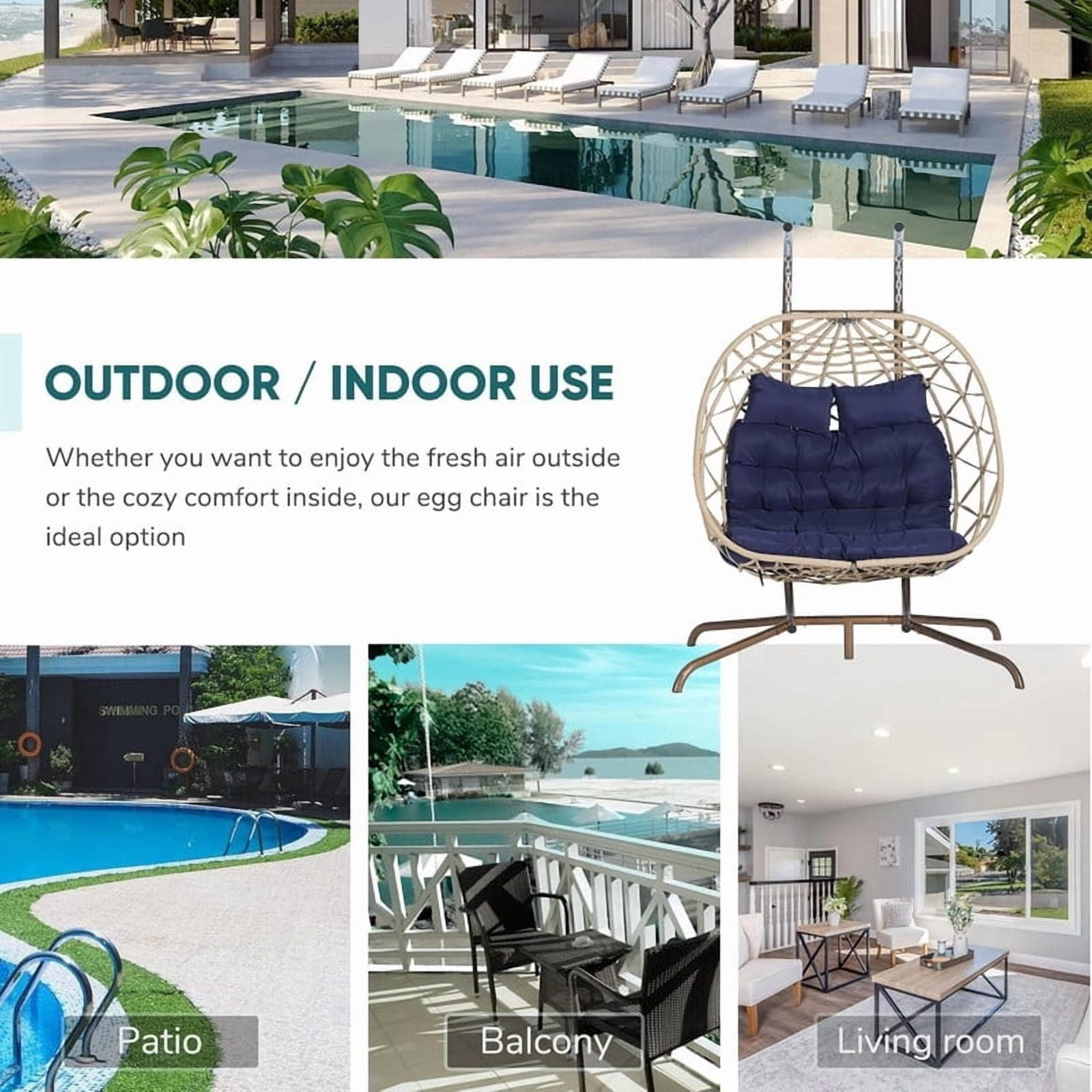 Double Swing Egg Chair with Stand,2 Person Indoor Outdoor Wicker Loveseat, Oversized Patio Hanging Basket Chair with Cushions, Cozy Sturdy Porch Swing for Backyard