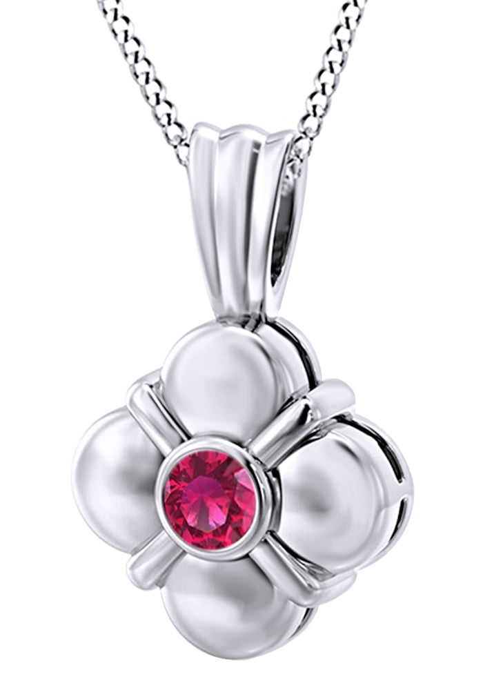 Round Cut Simulated Pink Ruby Clover Pendant Necklace In 14k Solid White Gold (0.15 Cttw) by Jewel Zone US