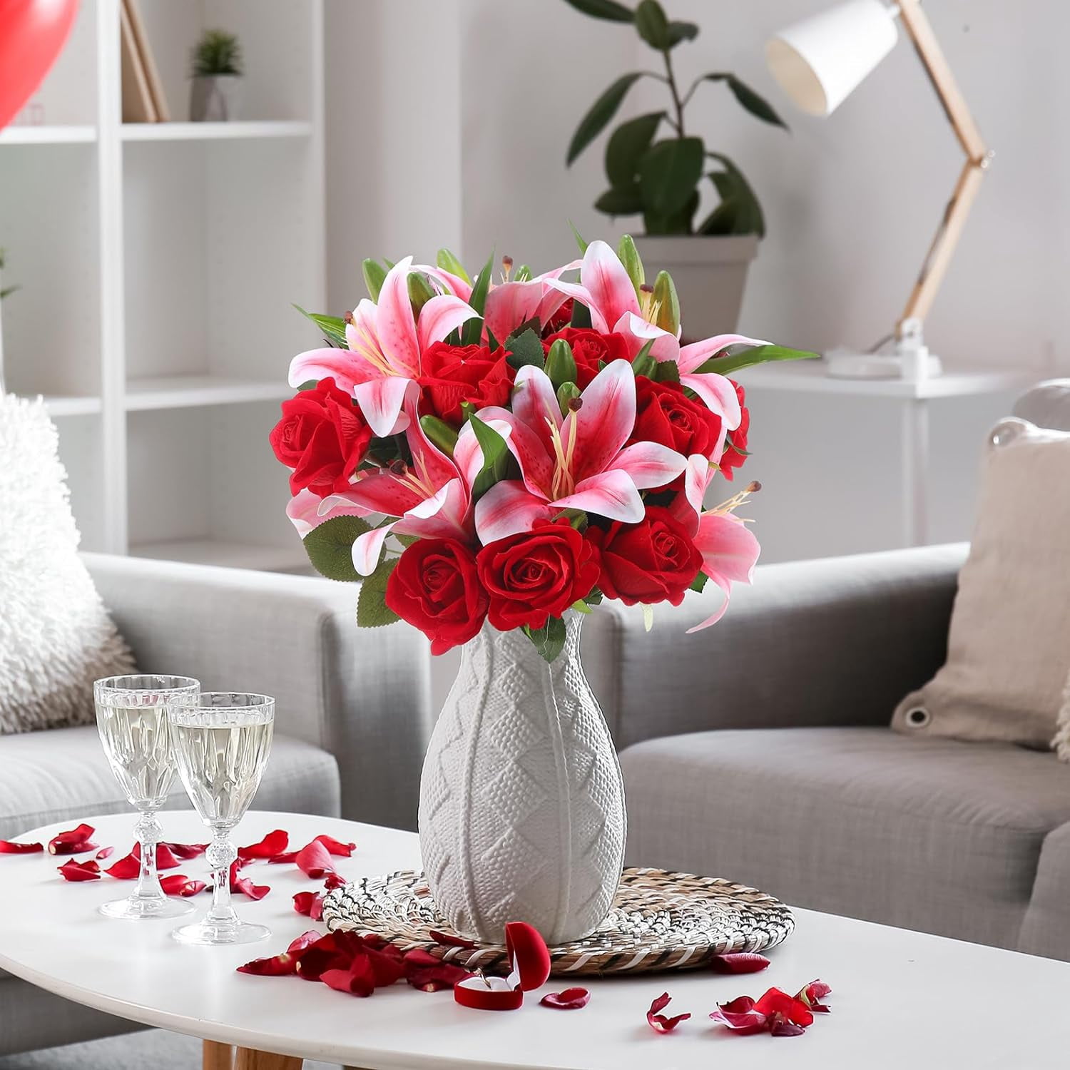 PINSAI Artificial Flowers Velvet Realistic Red Roses and Latex Lilies Flowers Bouquet Decorations Flower Arrangements for Mother's Day Wedding Party Bouquet Table
