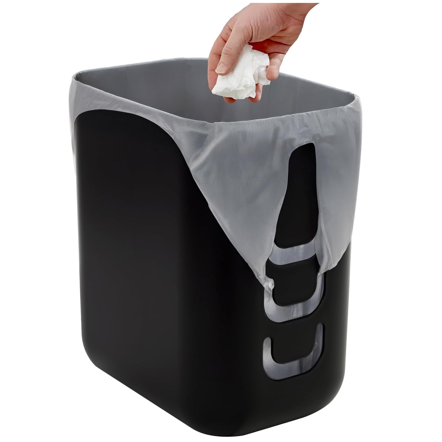 Luup Trash Can (Black) - Reuse Grocery Bags - Plastic Garbage Container for Bathroom, Vanity, Laundry Room, Kitchen, Office, Garage - 2.5 Gallon Wastebasket with Hooks to Secure Trash Bags