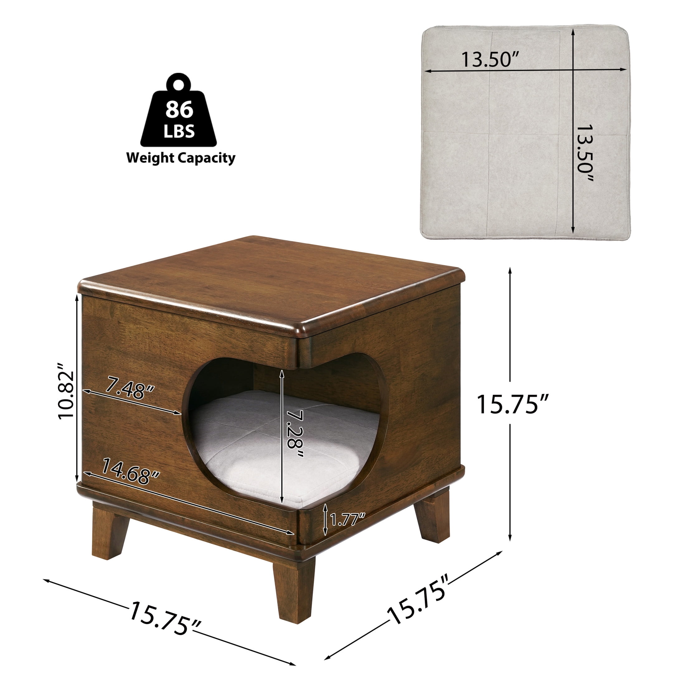 Christopher Knight Home Modern Cat House Side Table, Wooden Pet Nightstand with Bed Cushion, Walnut