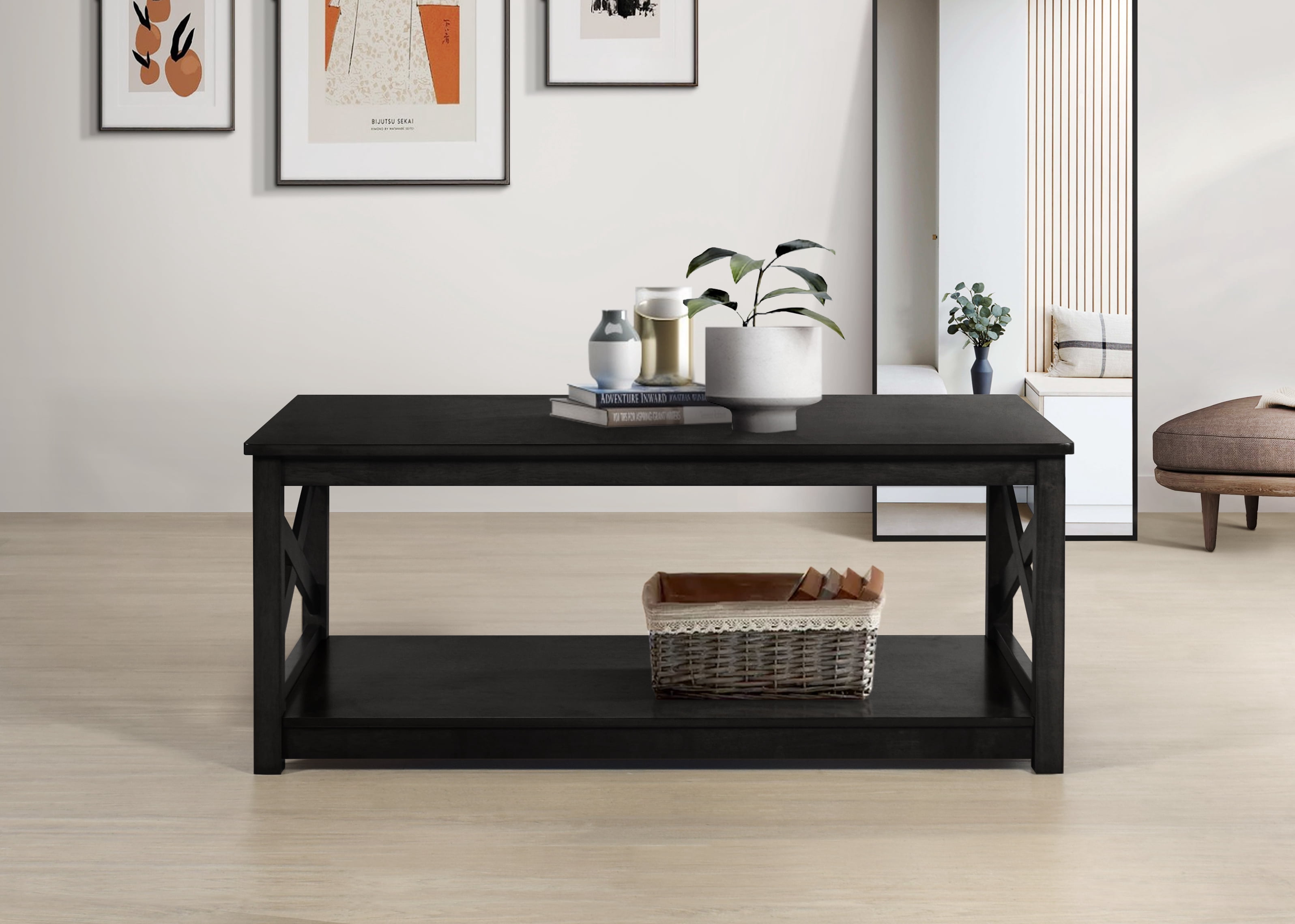 Home Design Novato 3-Piece Coffee Table Set with Rectangular Coffee Table and 2 Matching End Tables, X-Shaped Side Design with Open Shelf for Modern Living Room, Black