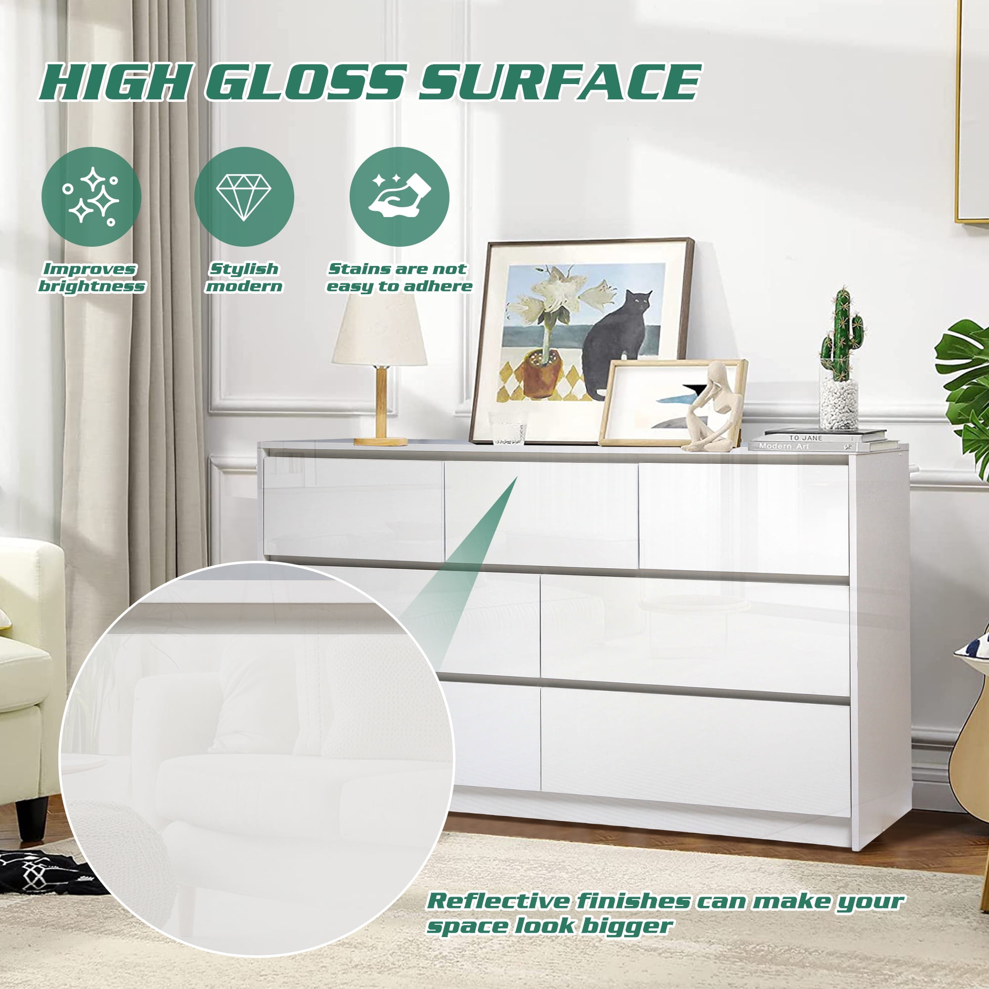 Haverchair 7 Drawer White Dresser for Bedroom, 55 Inch High Gloss Dressers Long Dresser with Deep Drawers, Large Handleless Wooden Dresser Chest Of Drawers for Living Room, Hallway, Entryway