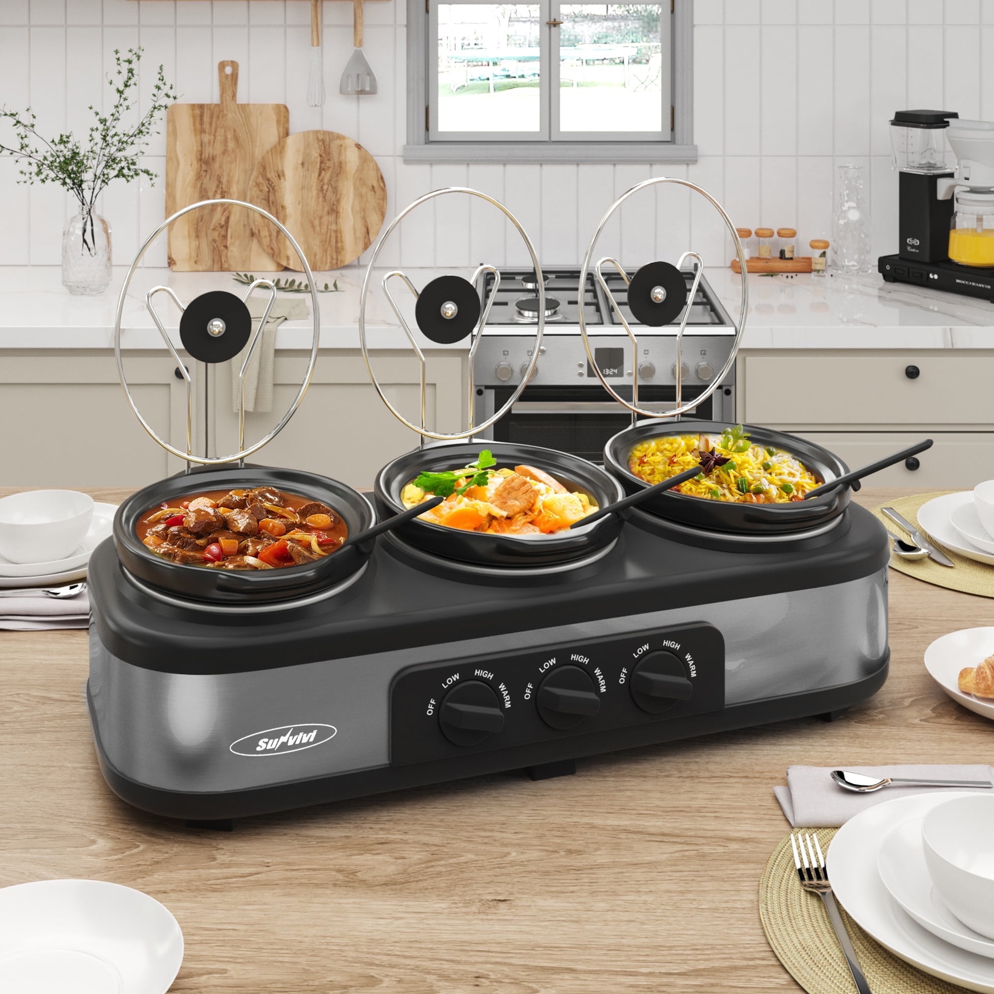 Sunvivi Triple Slow Cooker with 3 Spoons, Total 4.5 Quart, Stainless Steel