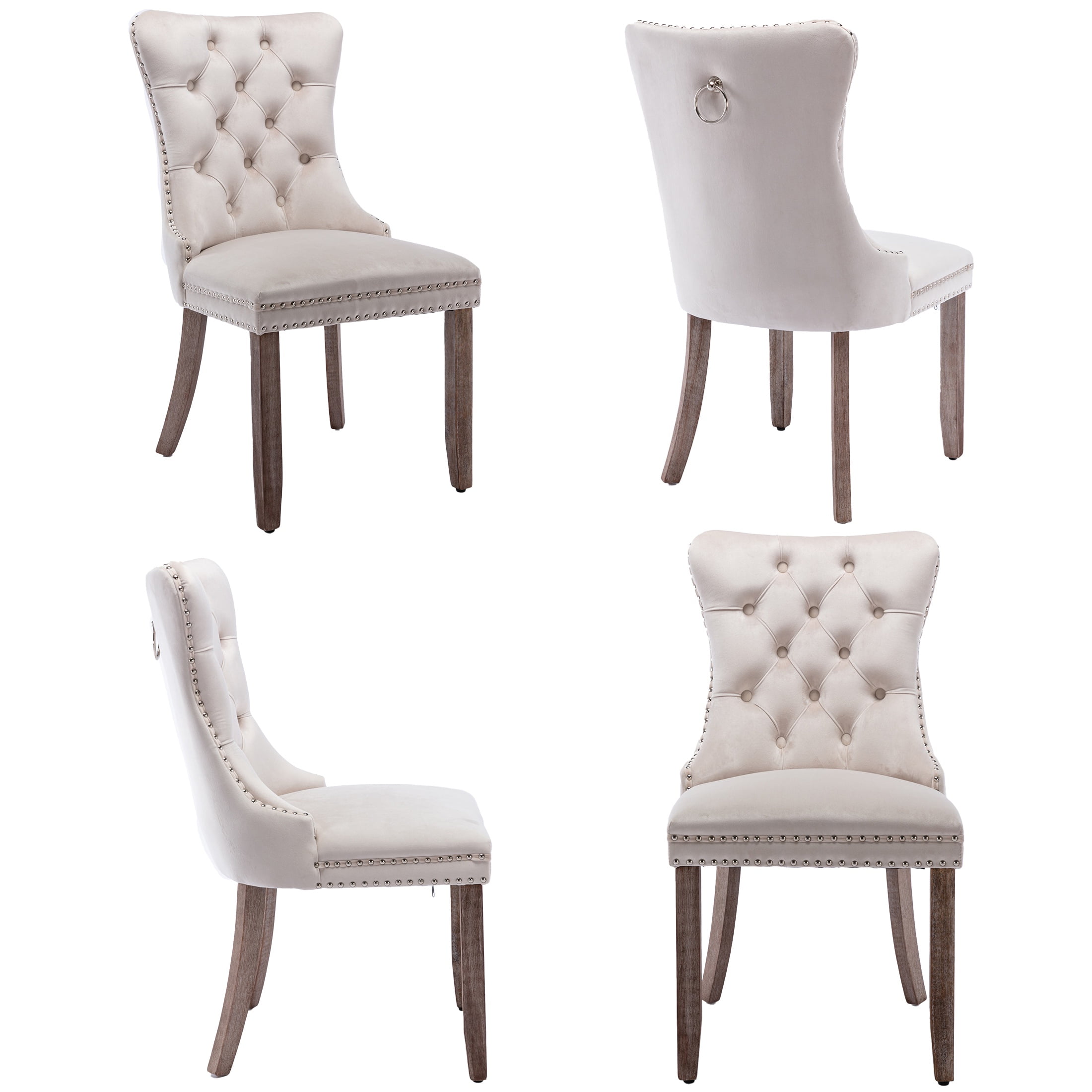 PORKISS Dining Chairs Set of 4, Upholstered High-End Tufted Dining Room Chair with Back Ring and Nailhead Trim, Modern Velvet Chairs with Solid Wood Legs for Kitchen,Beige