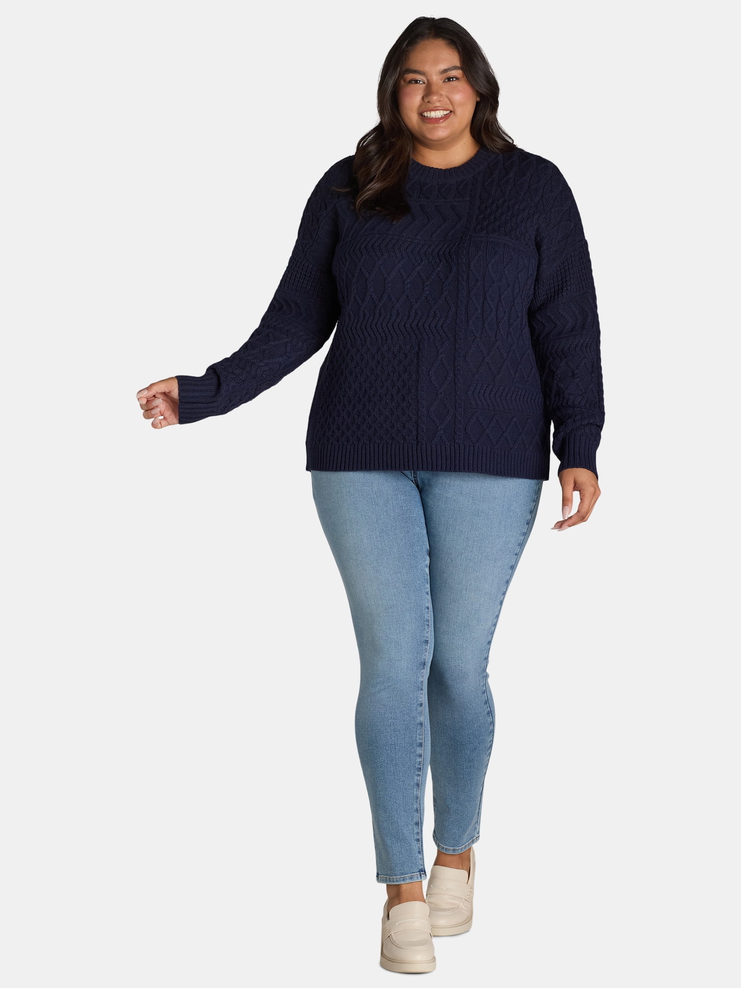 Time and Tru Women's and Women's Plus Mixed Stitch Sweater, Sizes XS-4X