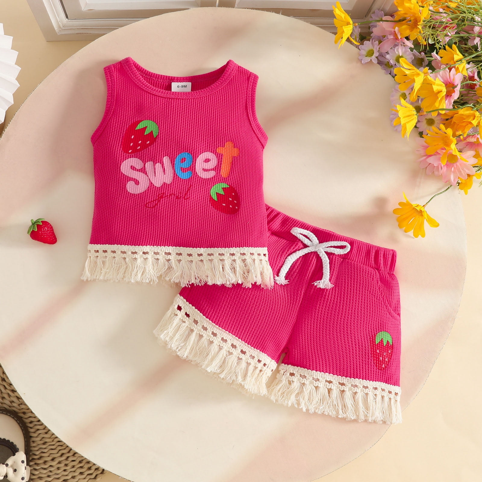 Faraee 0-3 Years Toddler Baby Girl Summer Clothes Ribbed Waffle 2 Piece Outfits Tassel Hem Tank Tops Drawstring Shorts Clothing Set Hot Pink