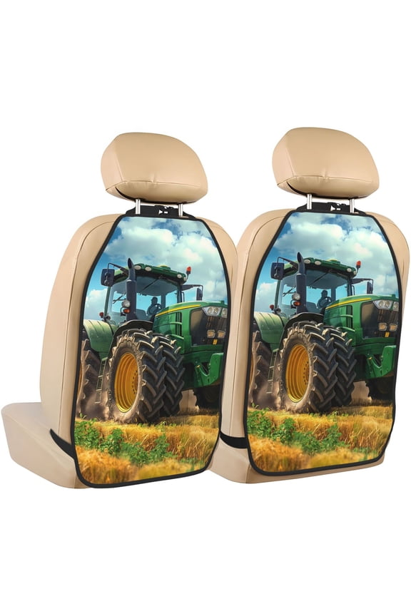 Green Tractor Field Print 2 Pack Car Kick Mat Seat Cover Back Protector Mat with Pockets for Organizer Backseat Protector and Storage Anti Kick Pad for Vehicles