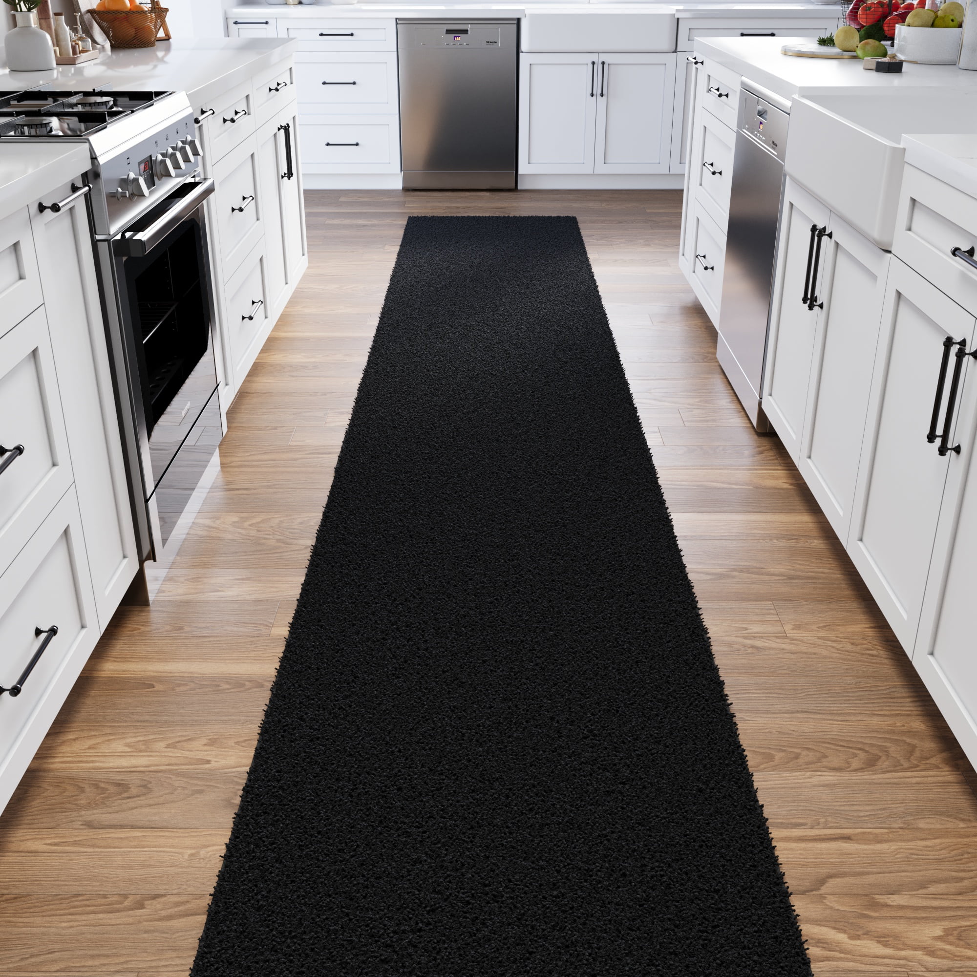 Ottomanson 3x21 Non-Slip Shag Runner Rug Plush Carpet for Bedrooms & Hallways, 3' x 21', Black