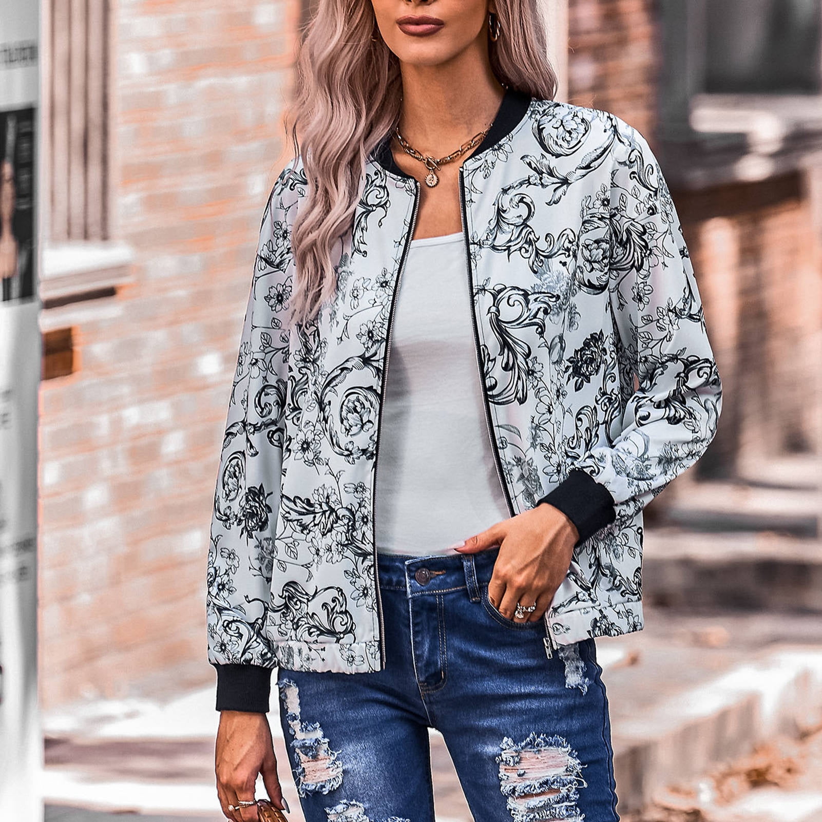 Women Bomber Jacket Classic Fit Unique Floral Print Zipper Closure