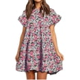 thumbnail image 2 of Floral Printed Womens Ruffles Boho Babydoll Loose Swing Casual Short Mini T-Shirt Dress, 2 of 4