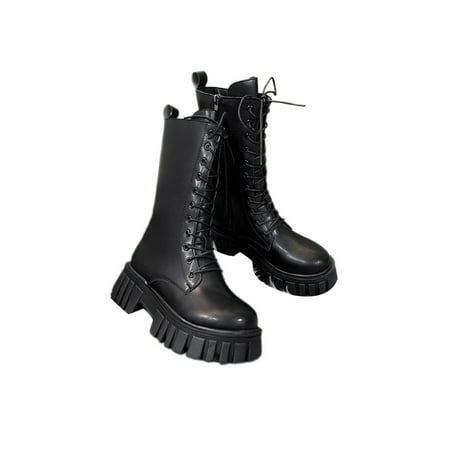 

Gomelly Women Chunky Boots Lug Sole Lace up Bootie Fashion Combat Ankle Boot w/Side Zipper Black 7