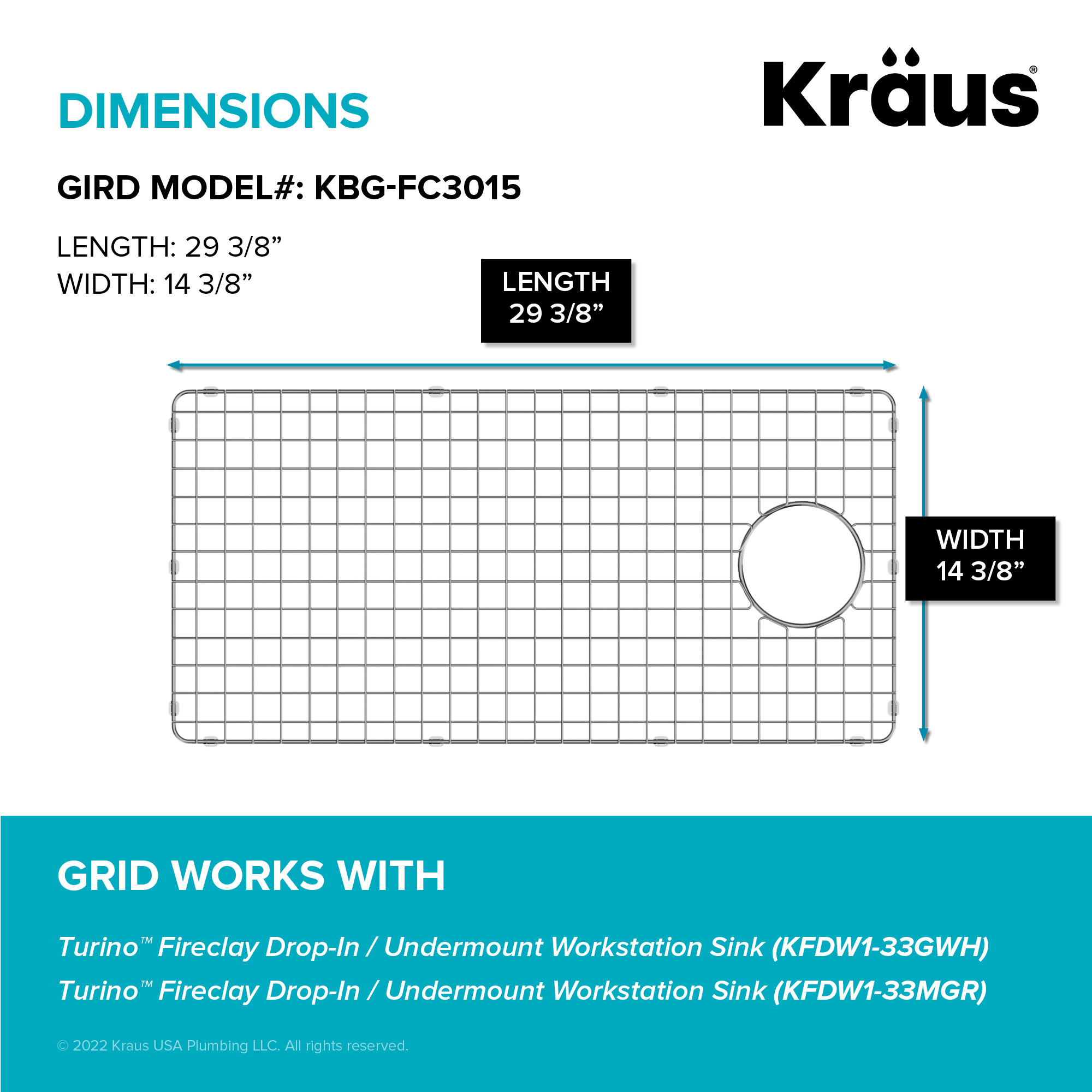 KRAUS Stainless Steel Bottom Grid (29 3/8 x 14 3/8) for 33 Turino Workstation Drop-In / Undermount Fireclay Kitchen Sink KFDW1-33GWH and KFDW1-33MGR - image 2 of 6