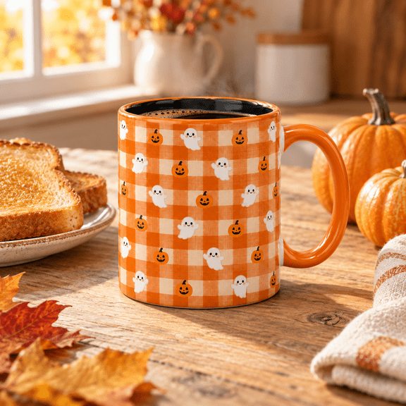 Coffee Mug Orange Gingham Ghost and Pumpkin Pattern for Hot Drinks, Halloween Gift