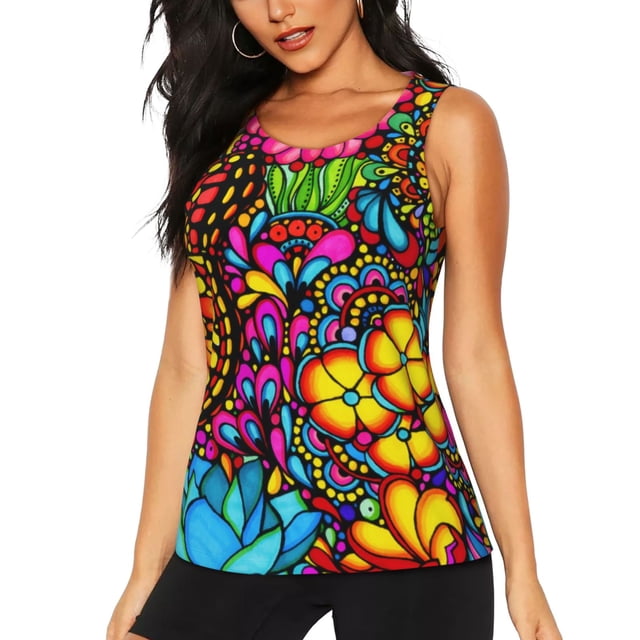 Fotbe Butterfly Garden Blusas Sin Mangas para Mujer – Estilo Casual, Corte Suelto, Slim-Fit, Cuello Redondo Deportivo, Tops de Verano para Gimnasio y Yoga-Large