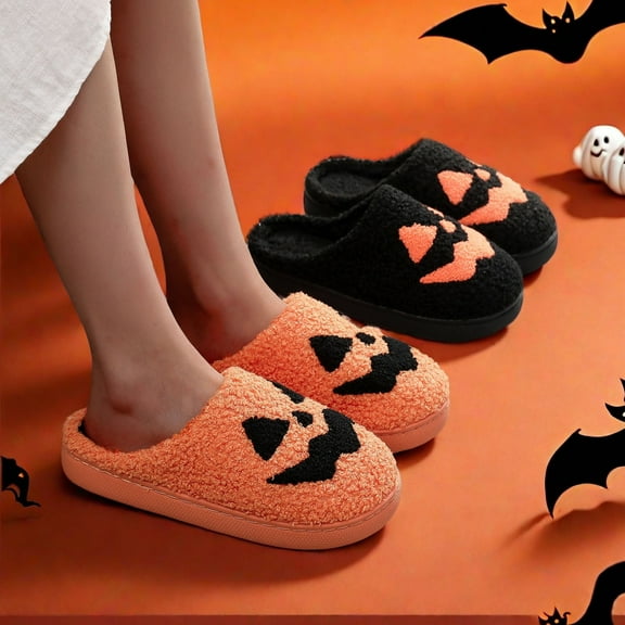 Halloween Pumpkin House Slippers for Woman Winter Flat Heel Close Toe Casual Home Indoor Outdoor Slides Slippers Winter Fleece-Lined Shoes for Women Black 10