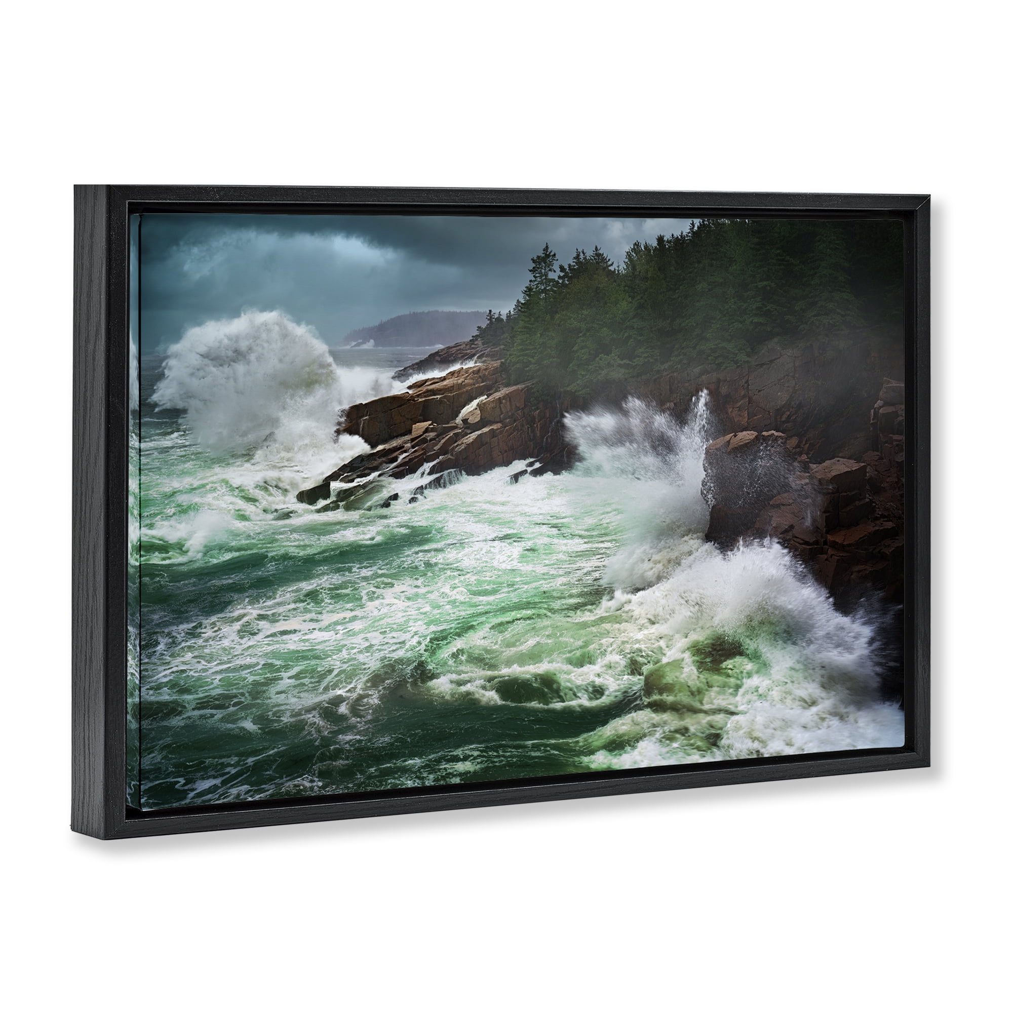 Stupell Industries Strong Crashing Waves Nautical & Beach Photography Black Floater Framed Canvas Art Print Wall Art, 25 x 17