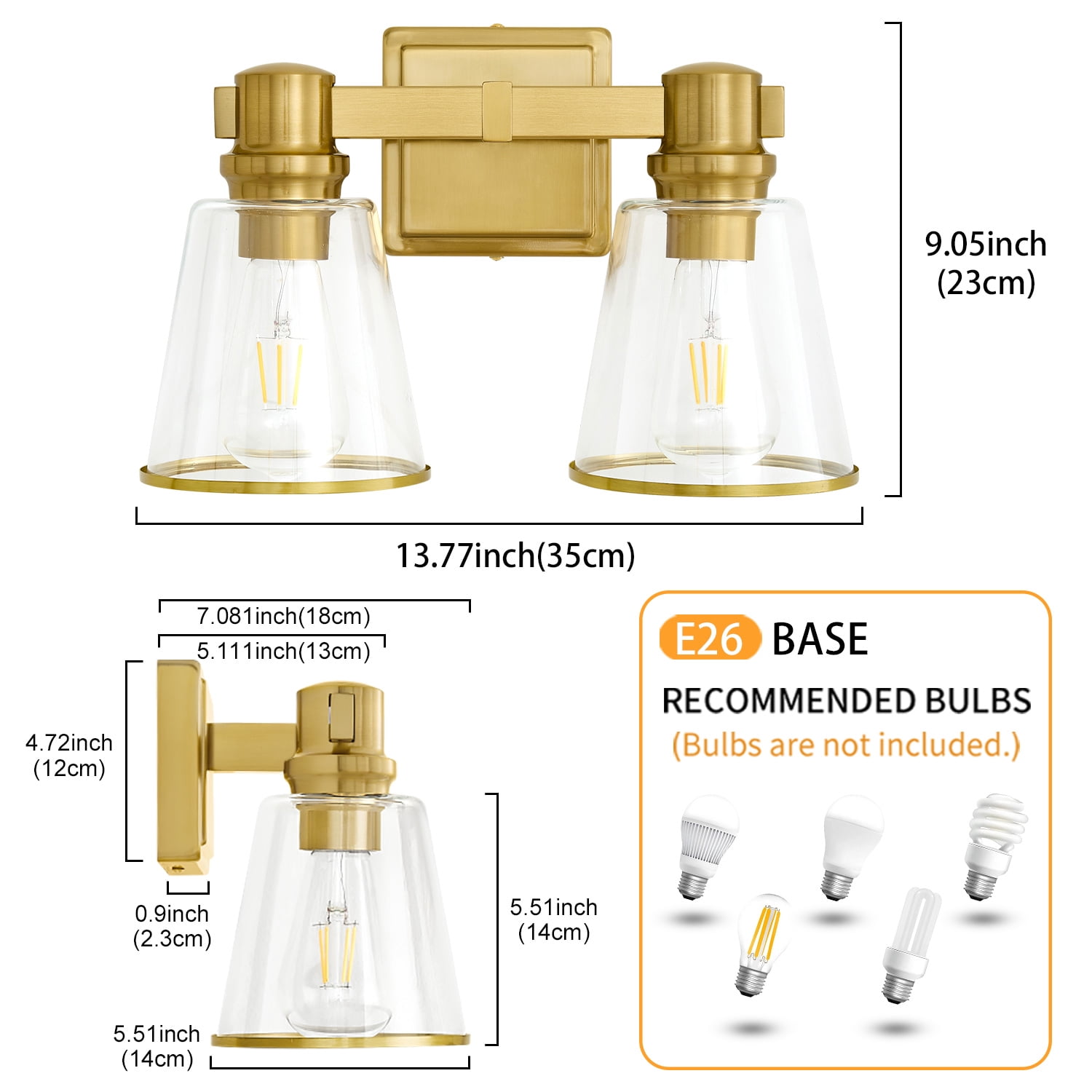 Deyidn 2-Light Gold Mid Century Modern Wall Sconce Vanity Lights with Clear Glass Shades