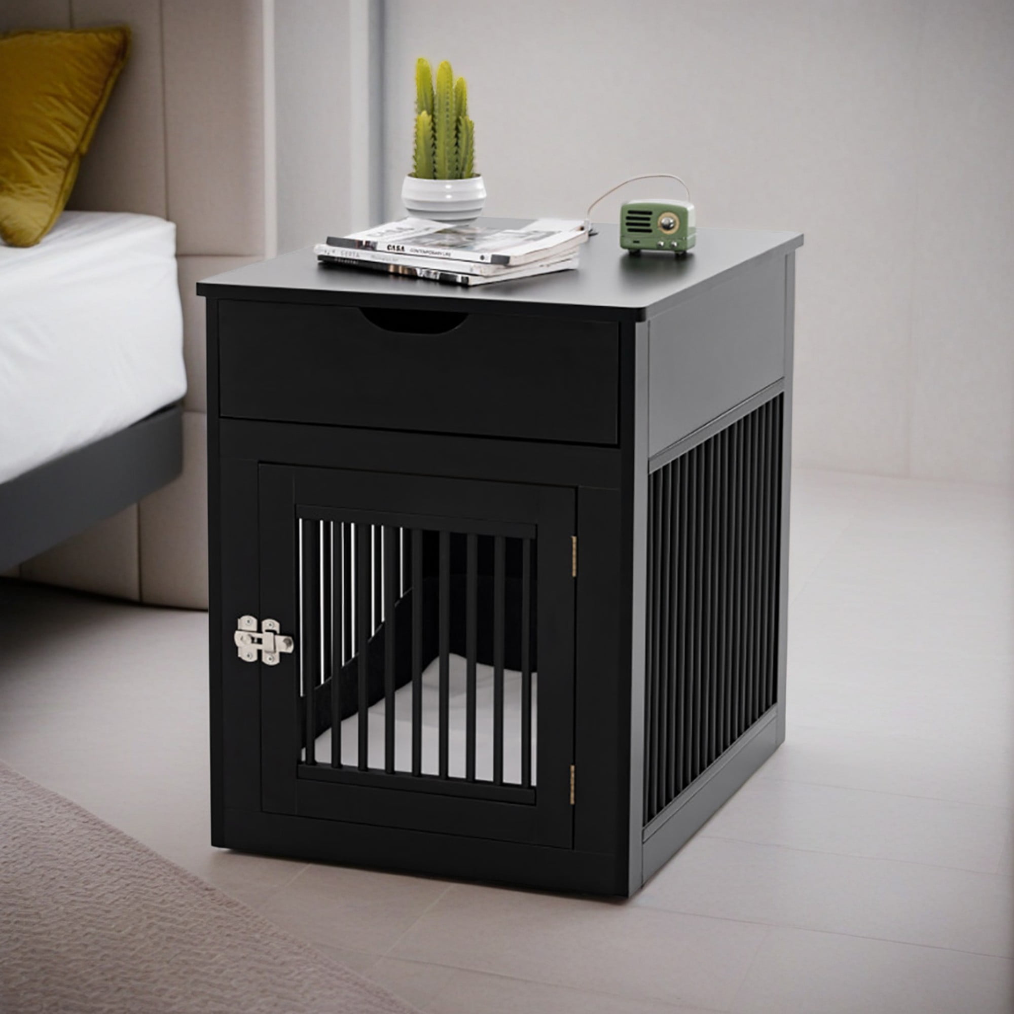Kadyn 27" 2-In-1 Dog House with Drawer and Wired Wireless Charging, Indoor Dog Crates, Wooden Pet Dog Cages, Black