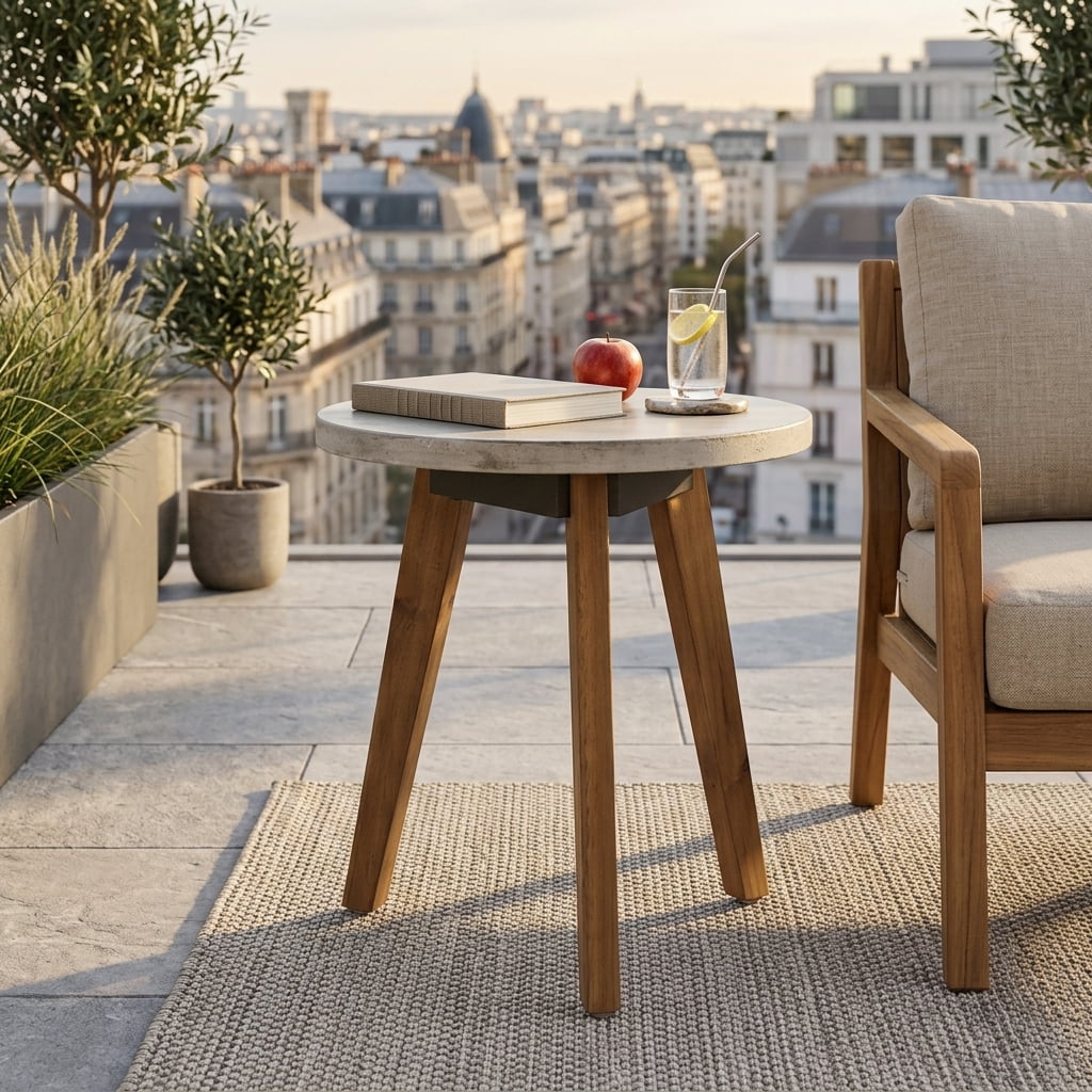 Round Acacia Wood Tripod Side Table, Handcrafted Mod‑Style Outdoor End Table with 3‑Leg Frame, 50 LB Weight Capacity Accent Table for Patio Deck Backyard