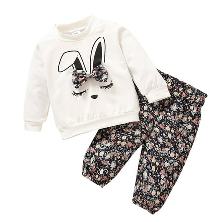 

New Born Outfits Pics Toddler Kids Baby Girls Long Sleeve Cartoon Bowknot Sweatshirt Tops Flower Print Pants Outfits Set 2PCS Teen Outfits Girls