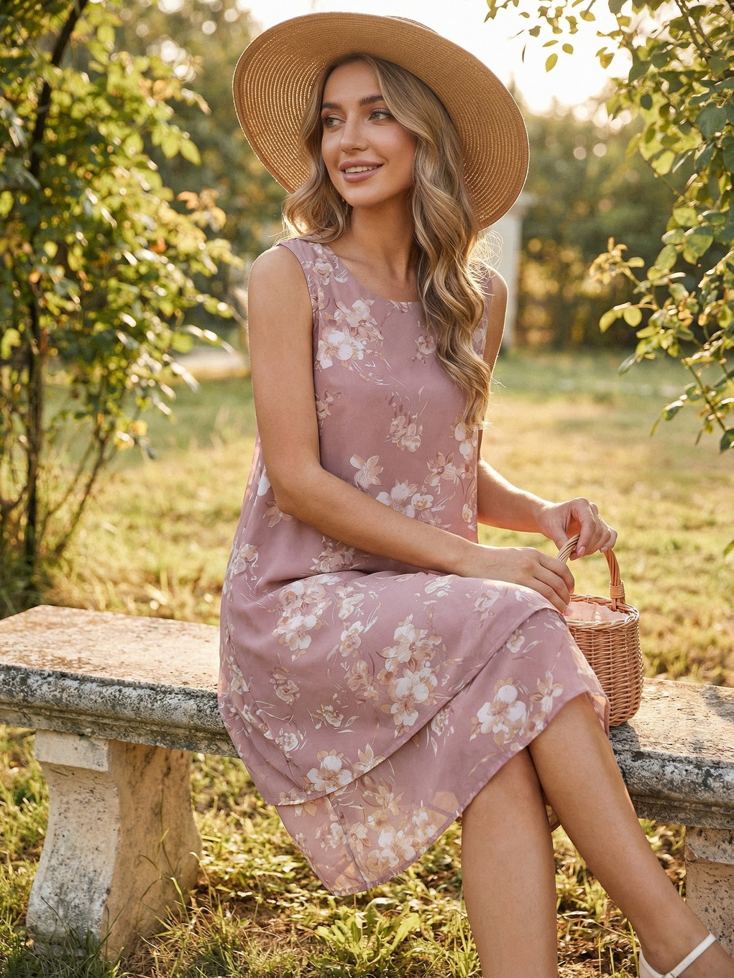 DARING DIVA Women's Chiffon Sleeveless Floral Tiered Flowy Sundress L Dusty Pink