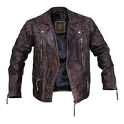 Mens Motorcycle Diamond Quilted Distressed Natural Rugged Brown Biker Genuine Leather Jacket