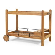 GDF Studio Bonneau Outdoor Acacia Wood 2 Tiered Bar Cart with Bottle Holders, Teak and Black