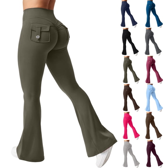 Flare Leggings with Pockets for Women Butt Lifting Workout Leggings Gym Bell Bottom High Waisted Yoga Pants Wine 2XL
