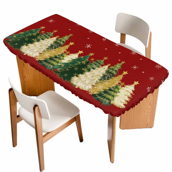 Red Christmas Tree Table Cloths for 6 Foot Rectangle Tables, Xmas Tree Winter Snowflake Patio Waterproof Elastic Fitted Tablecloths, Washable Rectangular Table Cover for Camping