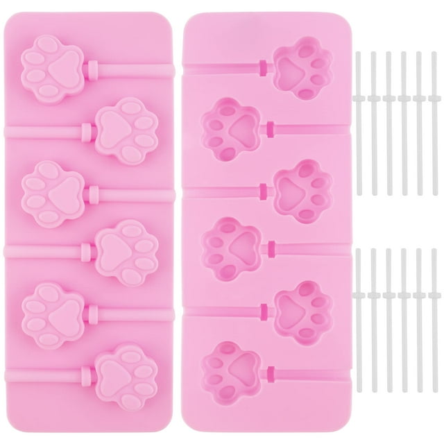 Auear Paquete De 2 Moldes De Silicona Para Piruletas Con Palos De 6 Capacidades Para Chocolate, Caramelo Duro, Molde Para Gatos, Perros, Mascotas, Estampado De Huellas, Helado, Fondant, Decoración Par