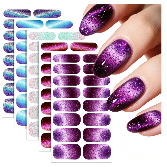 Solargess 6PCS Gel Full Nail Wraps Gradient Blue Purple Nail Stickers Glitter Solid Nail Polish Strips Red Pink Self-Adhesive Pink Red Nail Decals for Women DIY Manicure Nail Art Decorations